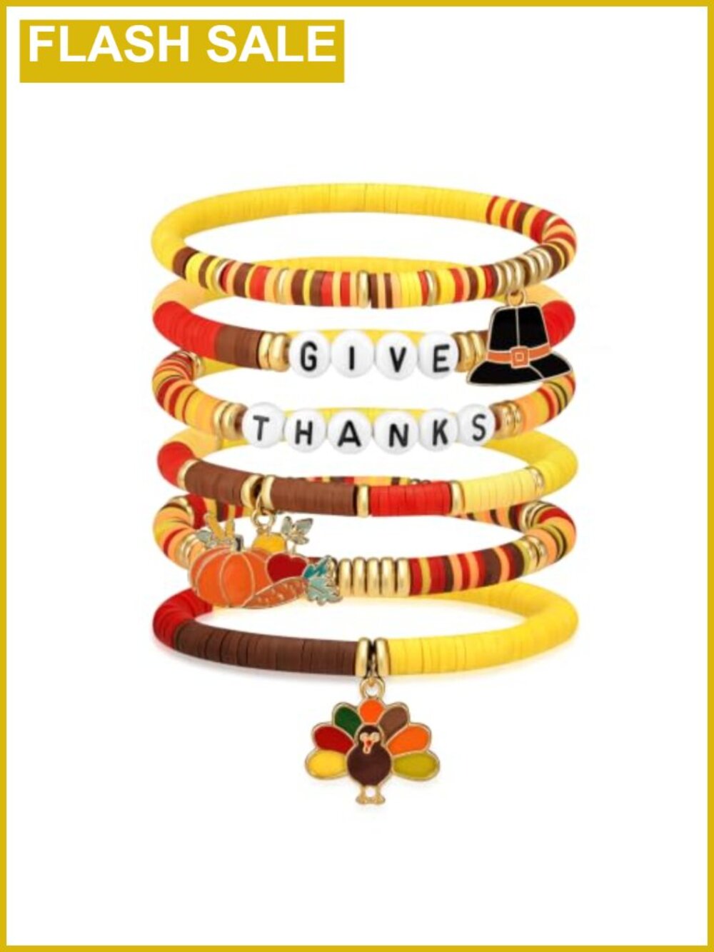 6 Piece Thanksgiving Stretch Bracelet Set Beaded Charm Stackable